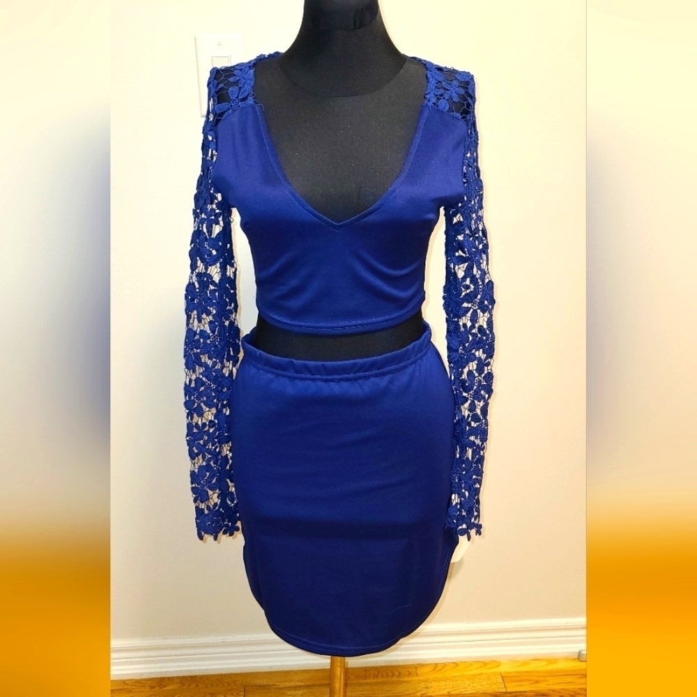 REVERSE Crochet Crop top & asymmetric skirt Matching set in midnight blue M